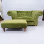 A contemporary button-back upholstered settee, 150cm x 70cm x 95cm, and a matching footstool (2)