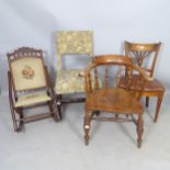 A 19th century elm-seated smoker's bow-arm chair, a mahogany dining chair, a folding rocking