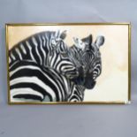 Clive Fredriksson, oil on board, study of zebras, 55cm x 85cm overall, framed