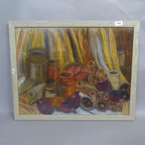 Hilary McMaster, pastels and charcoal, red onions and pots, 54cm x 68cm overall, framed