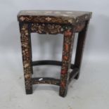 A Chinese lacquered and painted elm stool, with inlaid floral decoration, 46cm x 51cm x 33cm