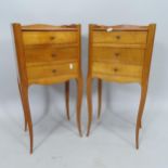 A pair of French walnut 3-drawer bedside chests on cabriole legs, 35cm x 70cm x 25cm