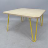 IAIN GLYNN, a birch ply coffee table with hairpin legs, H 37cm x 60cm sq As new condition