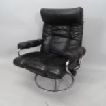 An Ekornes black leather-upholstered Stressless swivel lounge chair