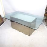 A contemporary glass-top dining table, on mirrored pedestal base, 190 x 70 x 120cm, and a set of 6