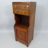 A contemporary mahogany bedside pot cupboard, with raised back and 3 fitted drawers and cupboard