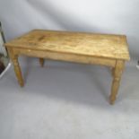 A pine scrub-top farmhouse dining table, on turned legs, 161 x 77 x 87cm