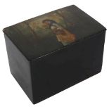 A Russian black lacquer papier mache box, with painted lid, width 15cm