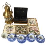 A cash tin, 4 Victorian tiles, Spode coffee ware, and a lantern