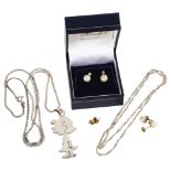A pair of 9ct gold and pearl set earrings, silver chains etc