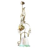 A Victorian brass cantilever pendant lamp with glass shade
