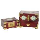 2 Oriental design trinket/jewellery boxes, with tray and drawer fittings and inset pierced jade
