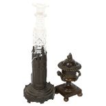 A long Victorian cut-glass perfume bottle in original patinated bronze stand, height 27cm, and a