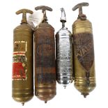 A group of 4 Vintage fire extinguishers, including a chrome plate Desmo extinguisher, and 3 brass