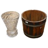 A metal-bound wooden bucket, height 31cm, and a large crystal vase