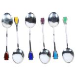 A set of 6 Edward VIII silver coffee spoons, with coloured enamel finials, hallmarks for