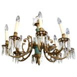A Regency style ormolu and ceramic 8-branch arrowhead glass lustre chandelier, drop 44cm