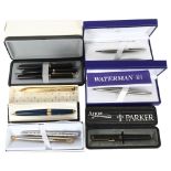 Various fountain pens, including a boxed Cross, boxed Parker, a Platignum set etc