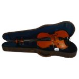 A Vintage violin, no label, in a simulated crocodile case, bow not present, body length of violin