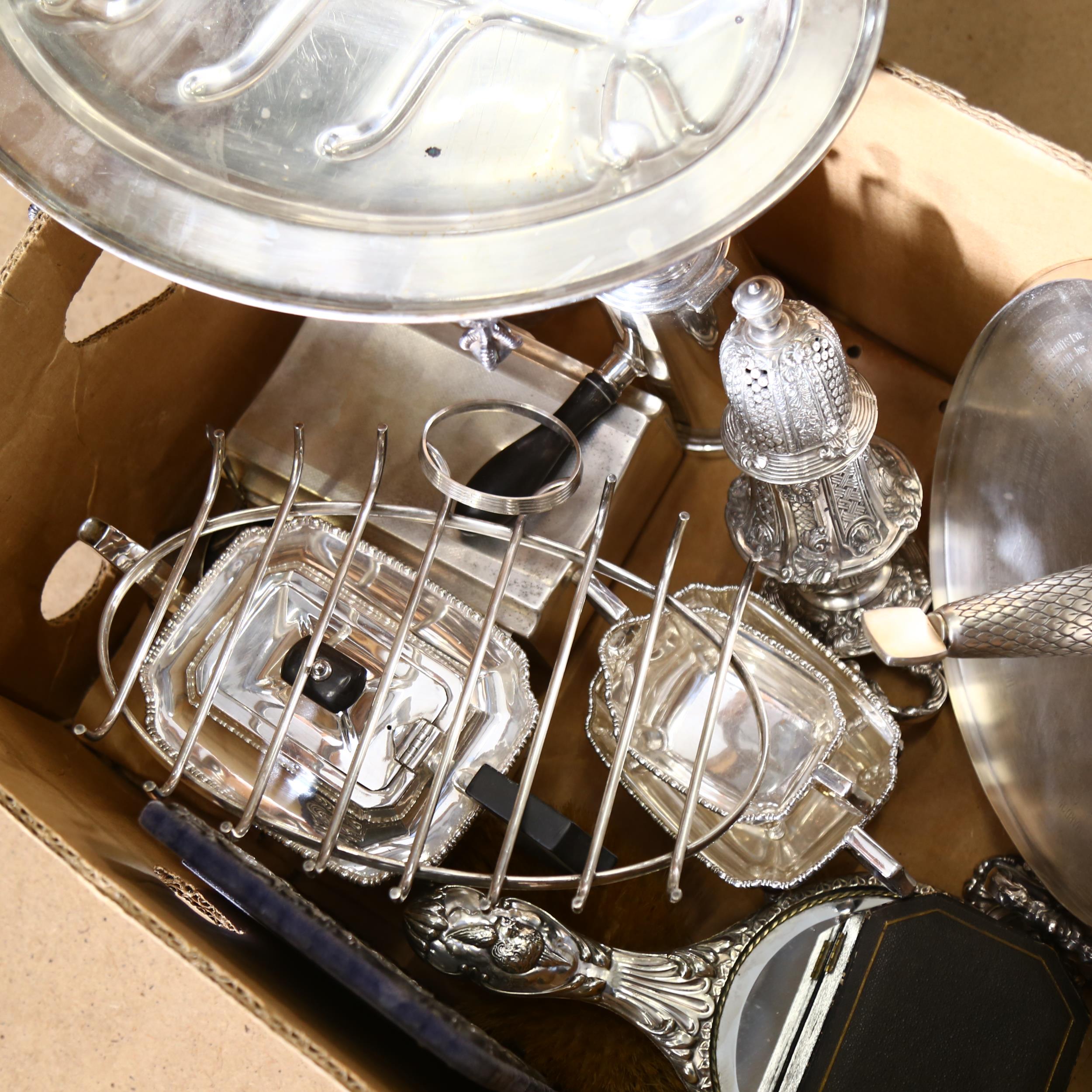 A silver plated tea set, plated photo frames, a meat dish, a cigarette box etc (boxful) - Image 2 of 2