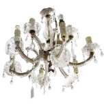 A 6-branch 2-tier brass and glass lustre chandelier, drop 50cm