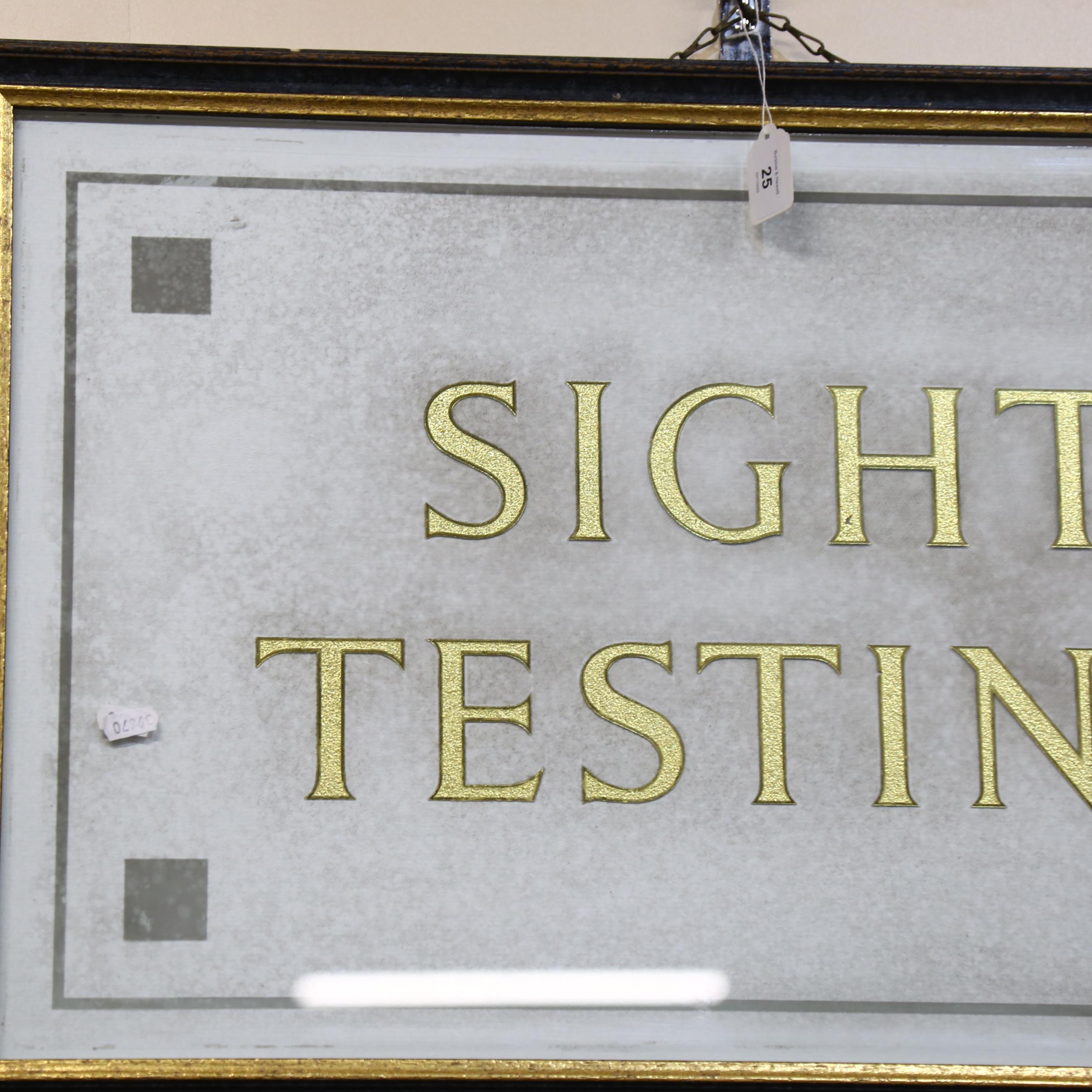 A gilded glass Optician's Testing sign, framed, overall 53cm x 80cm Good condition, no obvious - Bild 2 aus 2