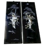 A pair of Vintage Japanese lacquered panels, with applied mother-of-pearl decoration, 94cm