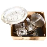 A silver plated tea set, plated photo frames, a meat dish, a cigarette box etc (boxful)