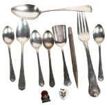A group of various silver spoons and fork (7), a WMF shovel design spoon, a silver propelling pencil