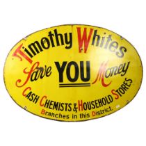 A Vintage "Timothy Whites Cash Chemists and Household Stores" oval enamel sign, width 90cm, height
