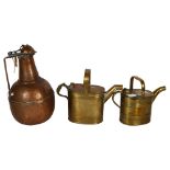 A 19th century hammered copper pitcher/jug with lid, 2 brass watering cans, largest 40cm