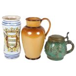 An Antique Italian faience chemist jar, a Doulton stoneware jug, and an acorn leaf embossed