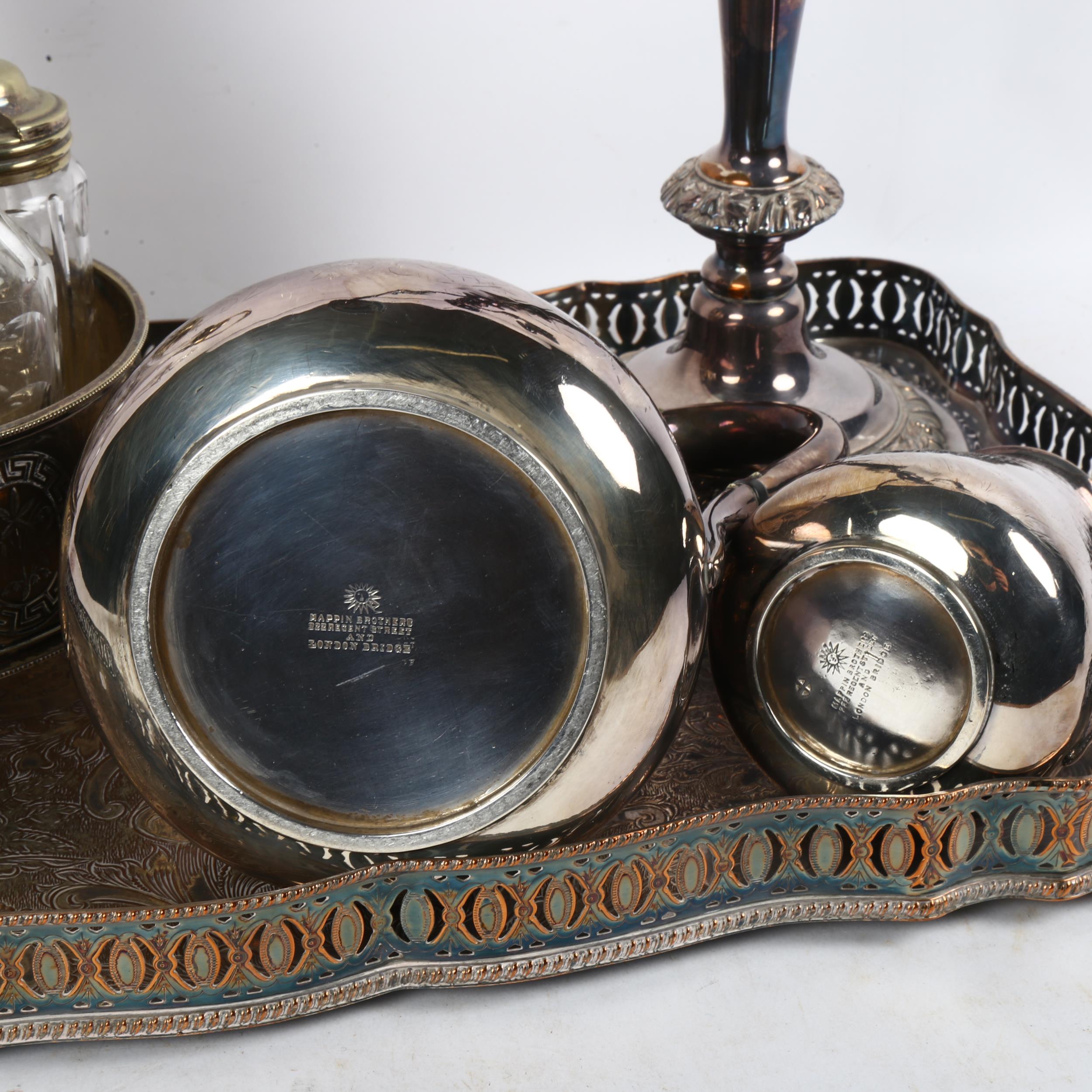 A rectangular silver plated serving tray with raised gallery, a 2-branch table candelabra, condiment - Image 2 of 2