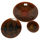 2 Poole Pottery Aegean bowls with abstract designs, largest 26.5cm, and another with a design of