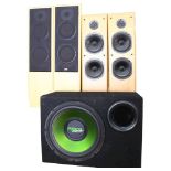 A Fusion Encounte amp FE-402 sub-woofer, a pair of TDL floor standing loud speakers, model Nucleus