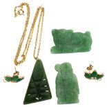 3 carved jade pendants, and a pair of unmarked gold jade earrings