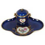 An Antique Dresden desk inkwell, with floral painted and gilded decoration