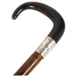 An early 20th century horn-handled cane, with presentation silver collar, "Bandmaster Bartlett,