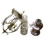 A Vintage brass and painted metal hanging pendant light fitting, and 2 oil lamps