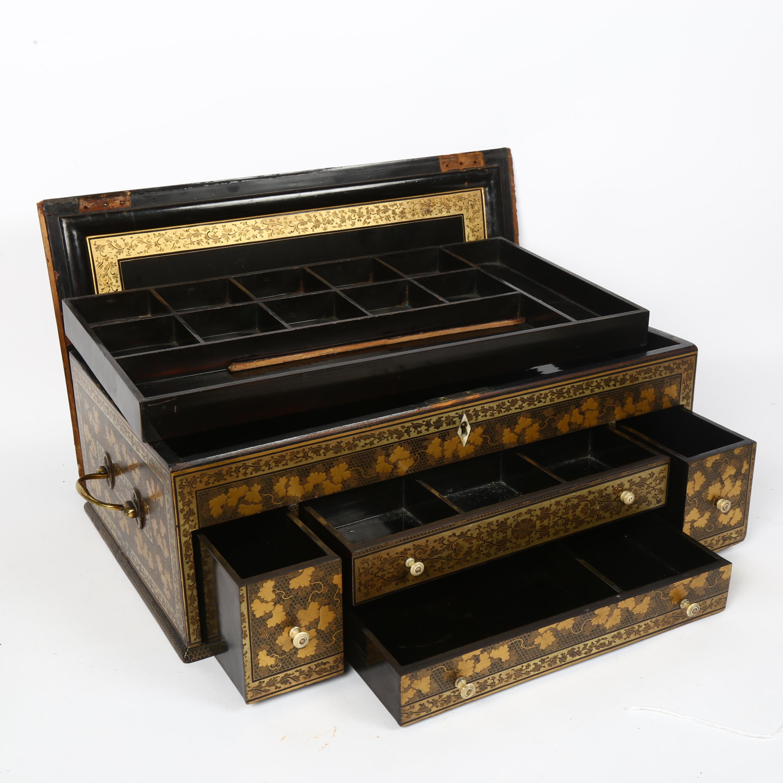 An Antique Anglo-Indian lacquered jewel box, with rising lid and fitted drawers, with allover gilded - Image 2 of 2