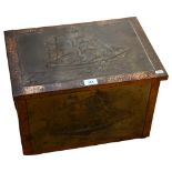 A Vintage copper kindling box with maritime decoration, length 46cm, height 39cm, depth 31cm