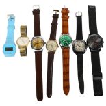 A group of various wristwatches, including Accurist, a Roamer with green dial, and a lady's Avia