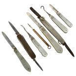 5 silver-bladed and mother-of-pearl handled fruit knives, 2 silver-handled and bladed fruit