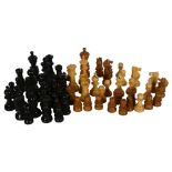 A modern turned wood chess set complete 32 pieces, King height 10cm, a second set made up of several