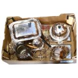 A group of silver plated ware, to include entree dishes and cover, muffin dish, fondue set, water