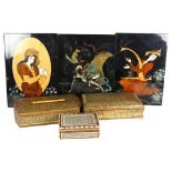 A group of Iranian Kashmiri inlay boxes, and a group of 3 Iranian lacquered wood panel pictures,