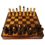 A modern turned wood chess set, including board, King height 11cm