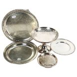 A silver dog-eared salt spoon, plated trays and comport