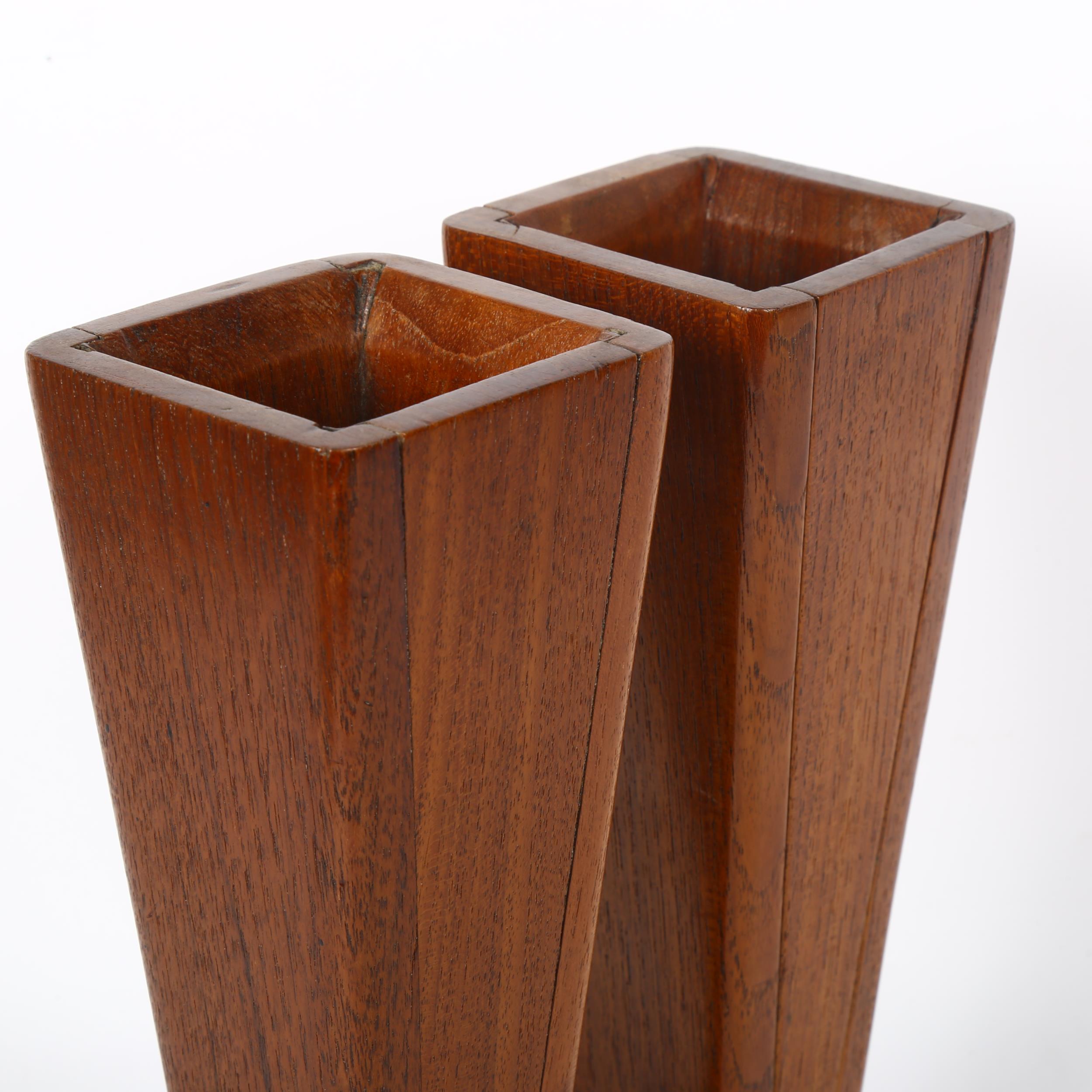 A pair of Arts and Crafts style mahogany vases of tapered form, height 27cm - Image 2 of 2