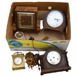 Oak-cased mantel clocks, brass quartz clock etc